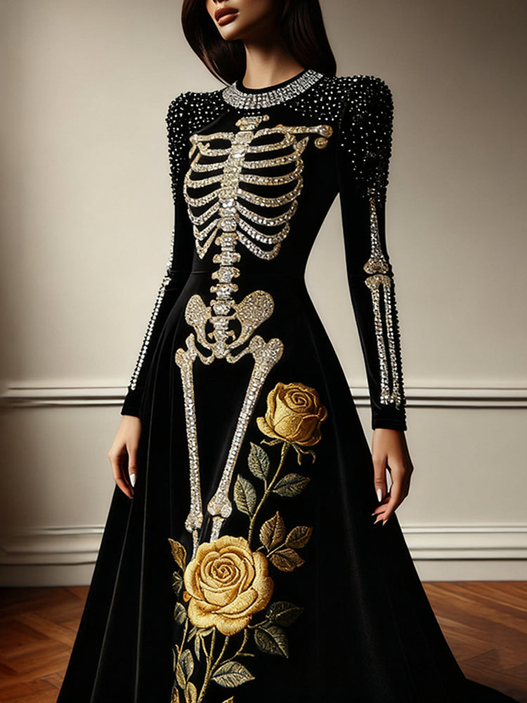 Women's Halloween Yellow Rose Skeleton Velvet Crew Neck Maxi Dress