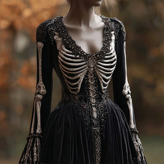 Vintage Skeleton Anatomy Beaded Classy Velvet Maxi Dress