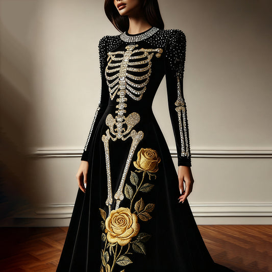 Women's Halloween Yellow Rose Skeleton Velvet Crew Neck Maxi Dress