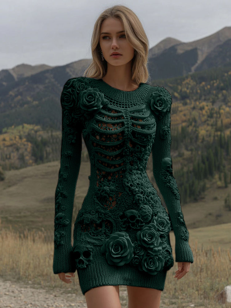 Women's Vintage Halloween Skeleton Skull With Rose Art Cozy Sweater Dress