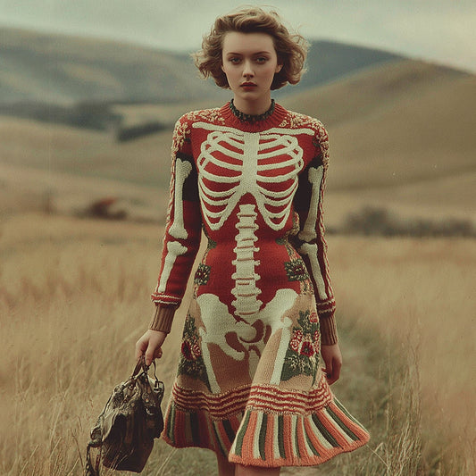 Women's Vintage Skull Rib Pattern Color Block Knit Mini Dress