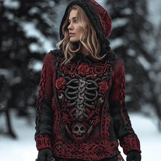 Retro Bones & Roses Chunky Cozy Knit Hooded Sweater