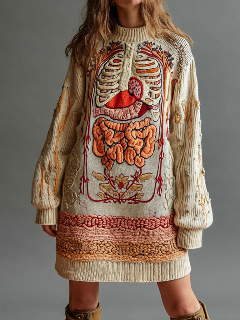 Vintage Halloween Anatomy Art Chunky Knitted Sweater Dress