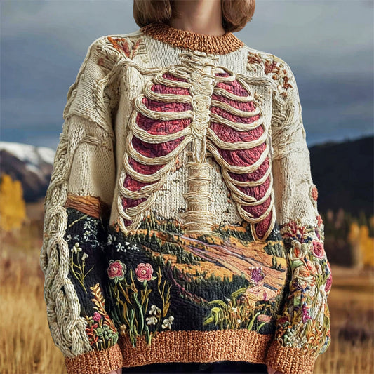 Vintage Anatomy & Floral Embroidery Women's Knit Crew Neck Sweater