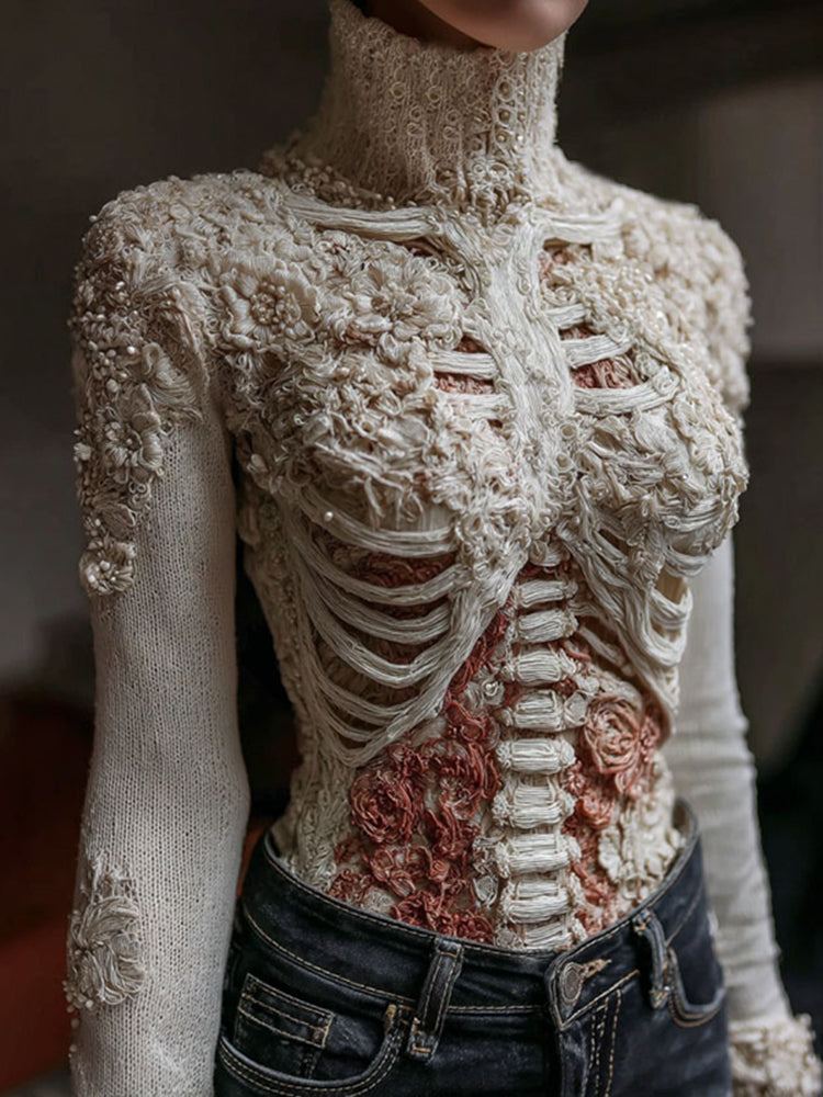 Women's Vintage Skeleton & Floral Art Cozy High Neck Sweater