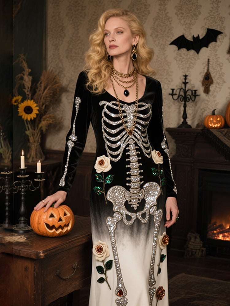 Vintage Halloween Skeleton Bones With Roses Flowy Velvet Maxi Dress