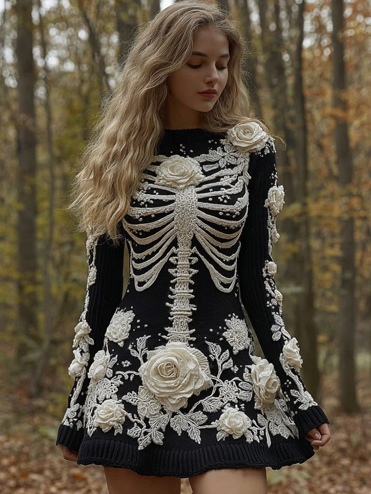 Women's Halloween Skeleton Bones Rose Comfortable Elegant Sweater Dress