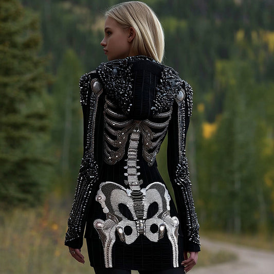 Women's Vintage Halloween Skull Gothic Art Knit Zipper Hooded Sweater