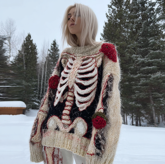 Lady's Halloween Gothic Style Skull Skeleton Pattern Knitted Sweater