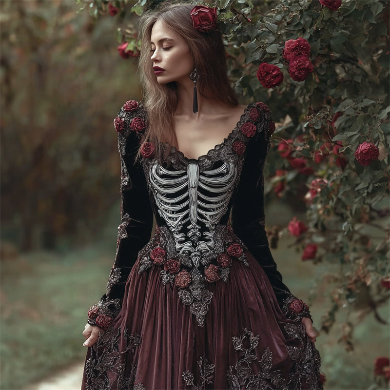 Vintage Skeleton Red Roses Embroidered Contrast Velvet Maxi Dress