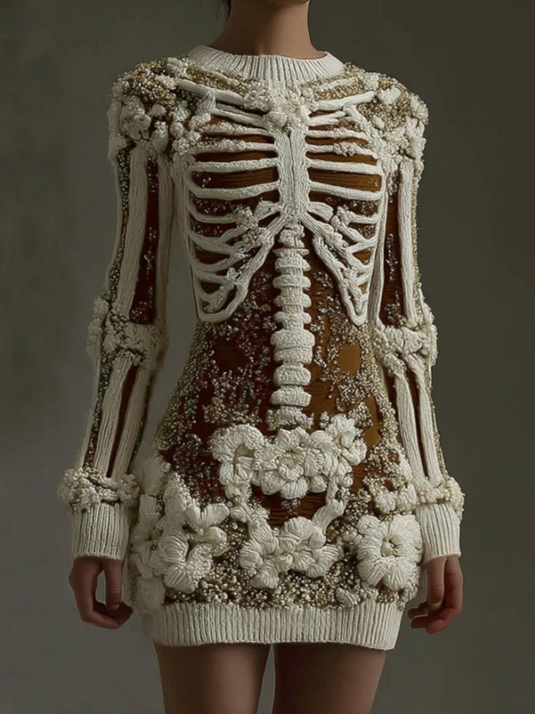 Women's Halloween Skeleton Art Gothic Knit Mini Sweater Dress