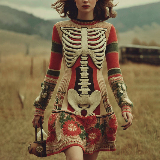 Women's Vintage Skull Rib Flower Pattern Color Block Knit Mini Dress