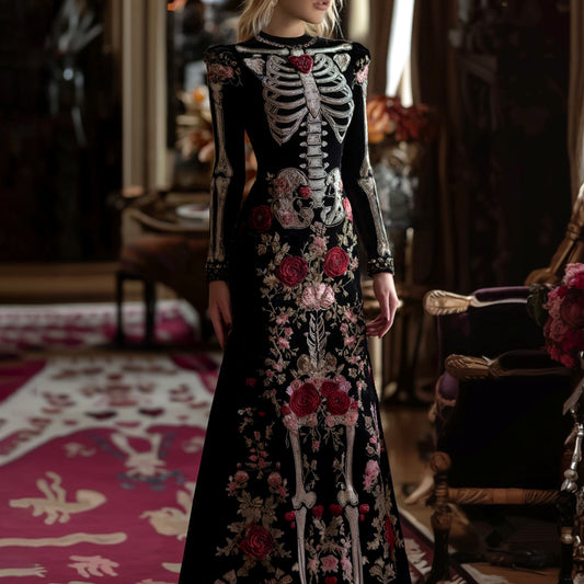 Women's Mexican Rose Skeleton Velvet Round Neck Maxi Dress