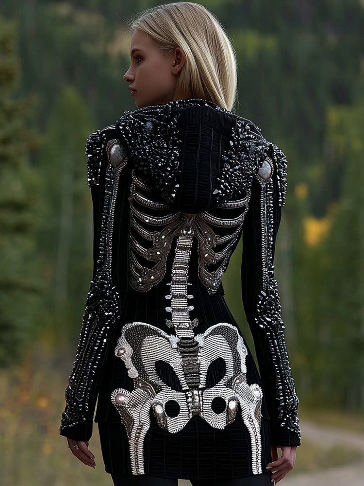 Women's Vintage Halloween Skull Gothic Art Knit Zipper Hooded Sweater