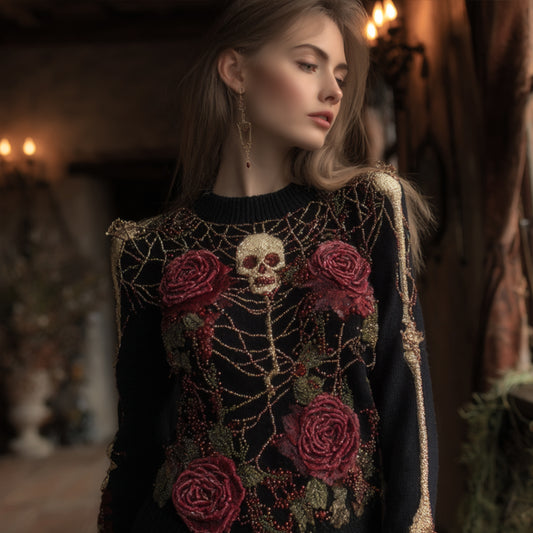 Women's Halloween Red Rose And Spider Web Retro Round Neck Sweater