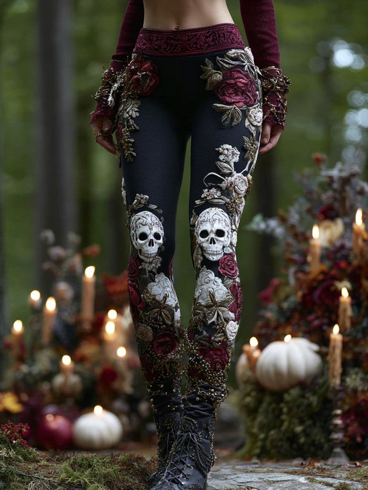 Women's Vintage Rose Skull Art Comfort Leggings