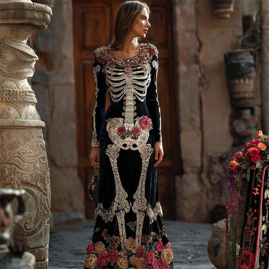 Day Of The Dead Skeleton Roses Fiber Art Velvet Maxi Dress