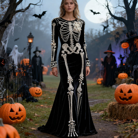 Women's Halloween Skull Floral Velvet Crew Neck Maxi Dress