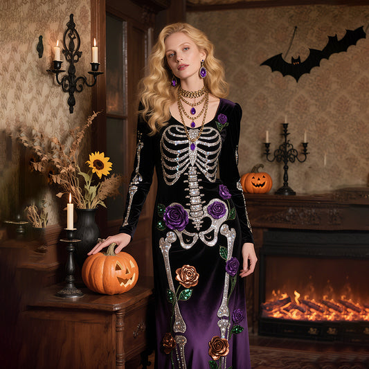 Vintage Halloween Skeleton Bones With Roses Flowy Velvet Maxi Dress