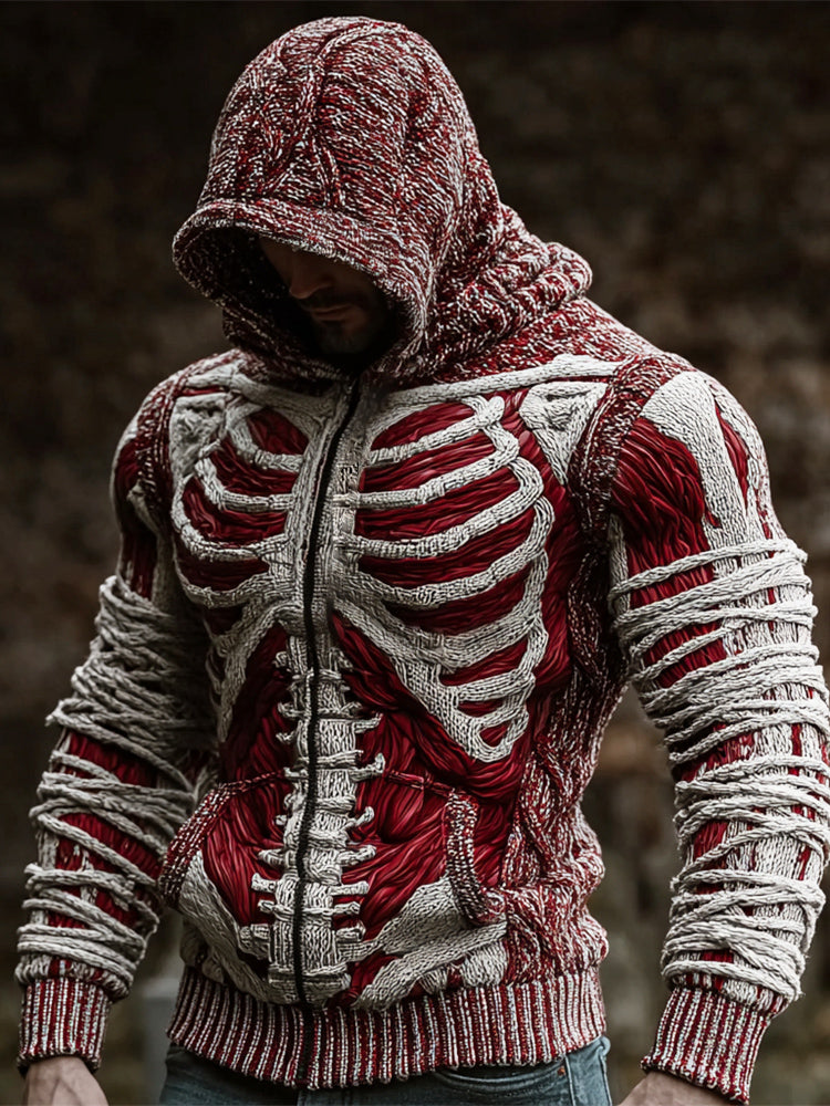 Halloween Bloody Skeleton Bandage Art Men's Knit Hooded Zip-up Sweater