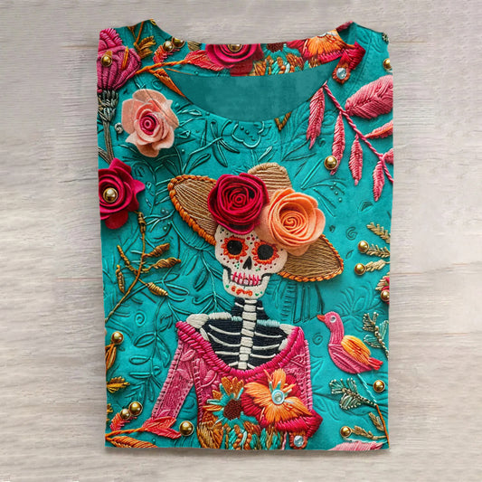 Mexican Cute Sugar Skeleton Day Of The Dead Inspired Cotton Graphic T-Shirt