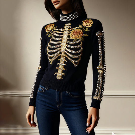 Women's Halloween Yellow Rose Skeleton High Neck Cozy Sweater