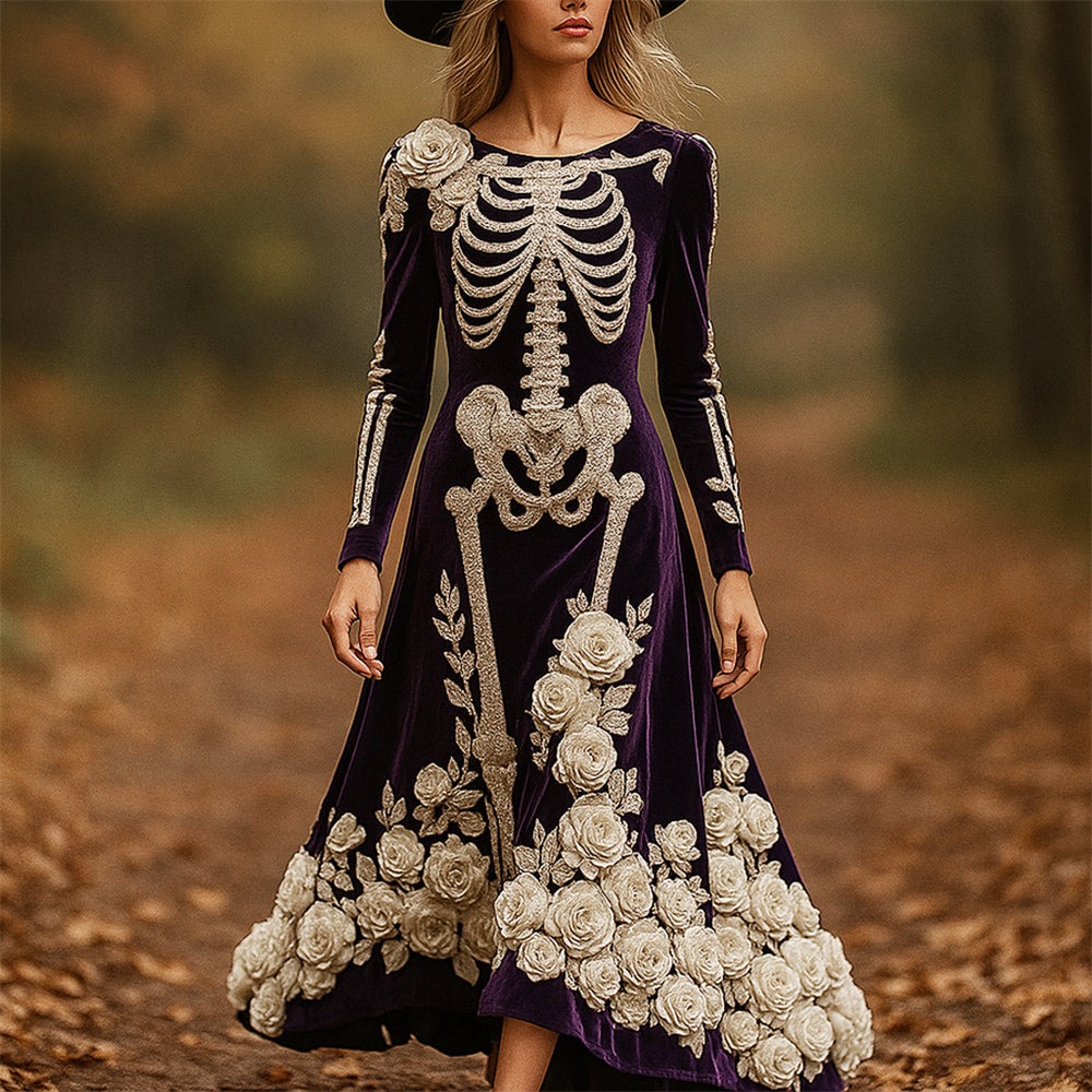 Day Of The Dead Skeleton Floral Art Women's Flannel Maxi Dress