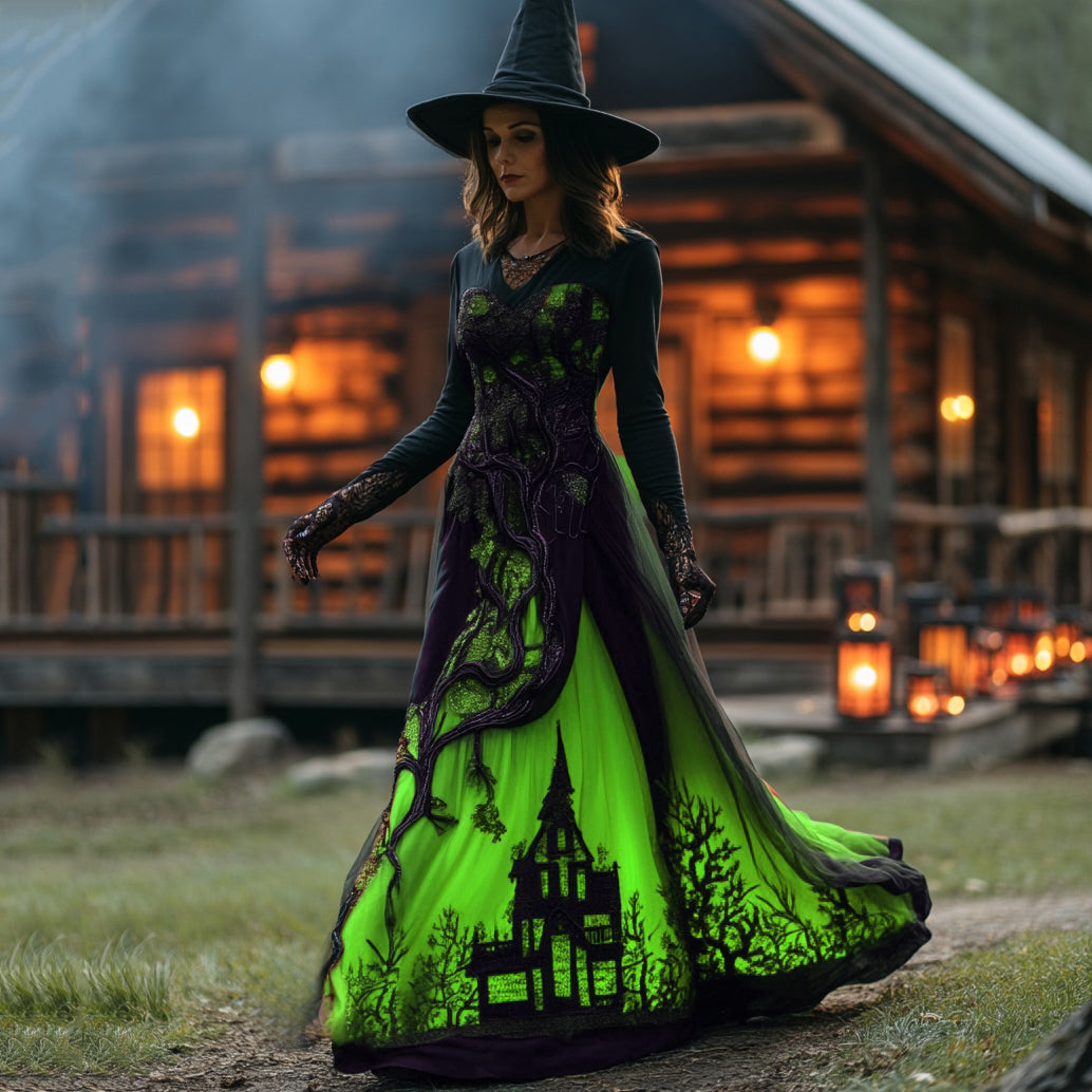 Women's Halloween Gradient Treehouse Design Witch V-neck Maxi Dress