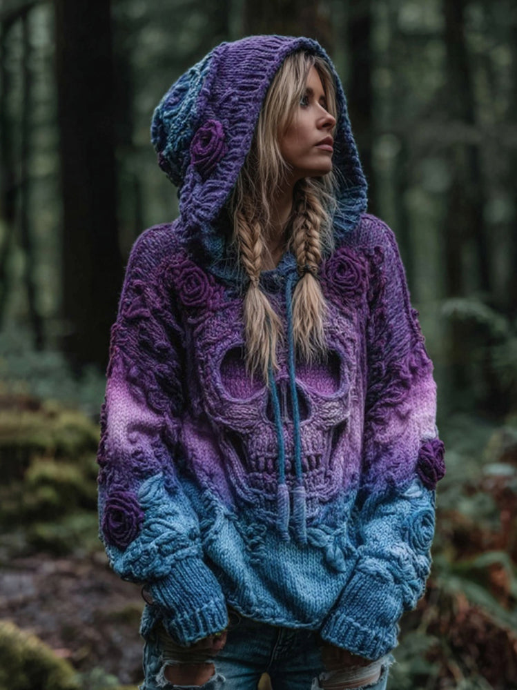 Women's Vintage Viking Skull And Rose Gradient Art Knit Hooded Sweater