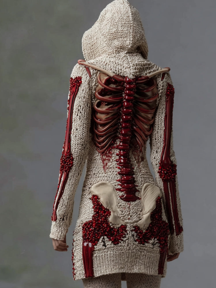 Women's Halloween Skeleton Rose Art Knitted Hoodie Sweater