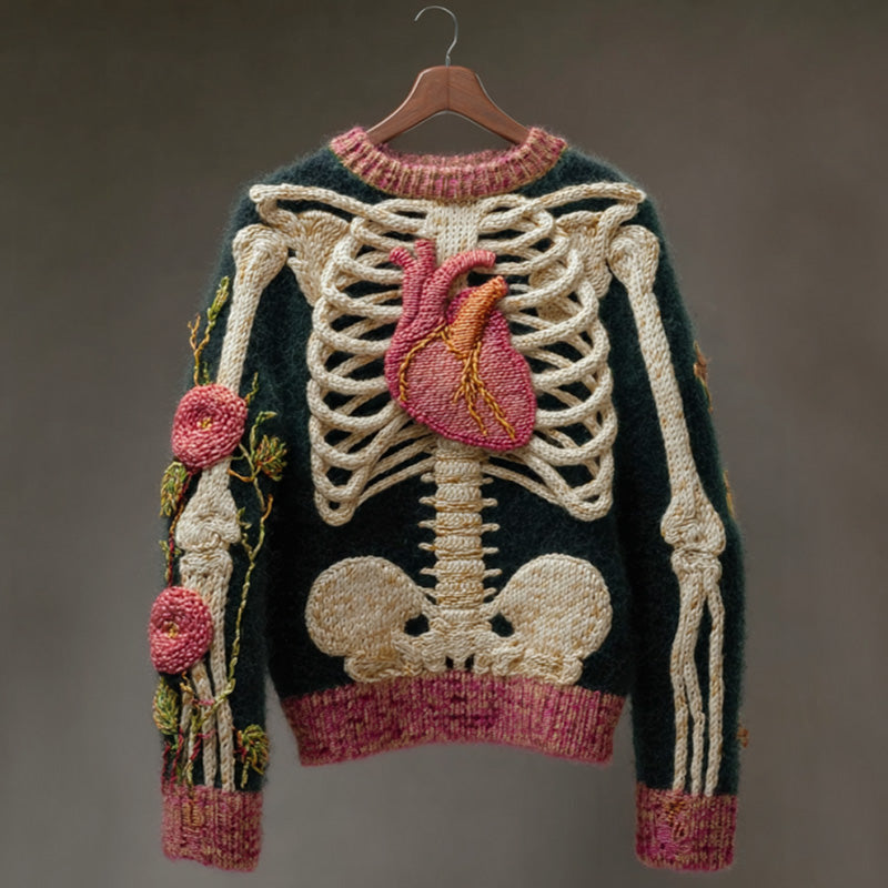 Vintage Halloween Human Anatomy Art Sense Thick Needle Round Neck Sweater