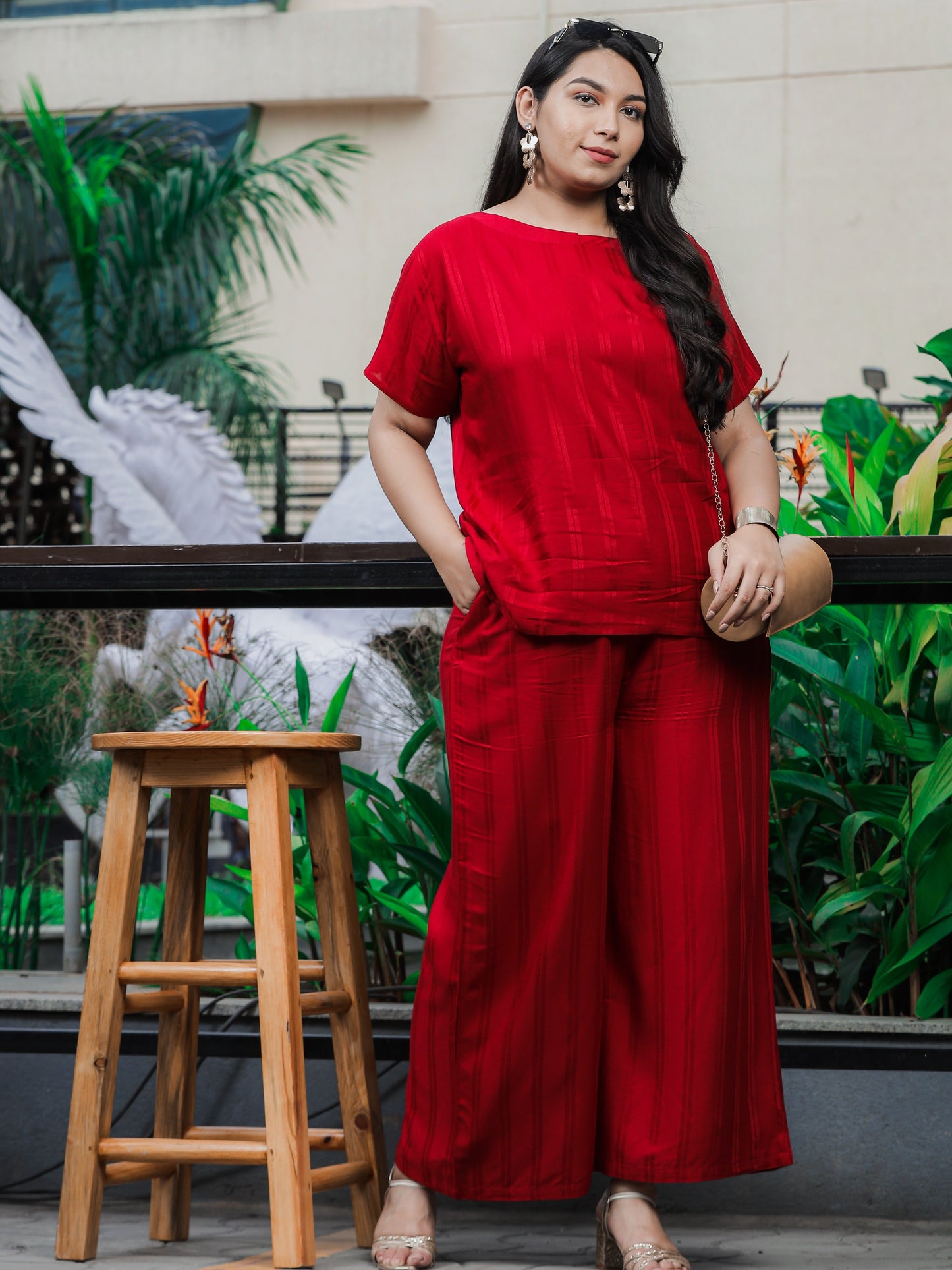 Rayon Round Neck Co-ord Sets Dark Red