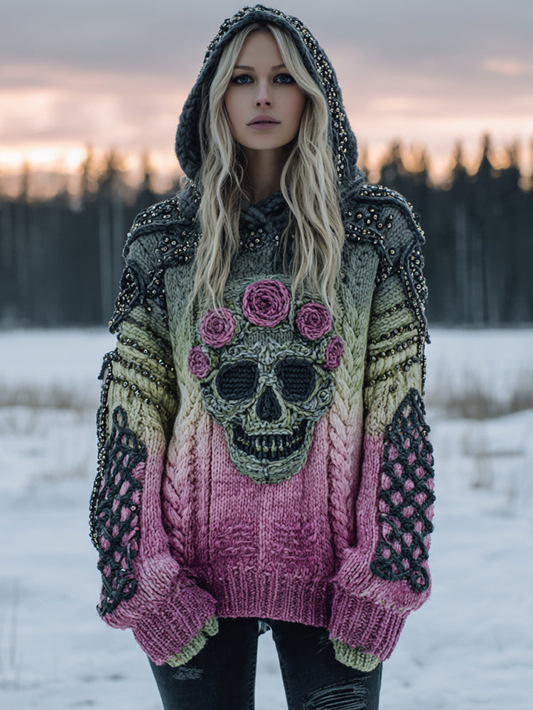 Women's Vintage Skull Flower Gradient Art Cozy Knitted Hooded Sweater