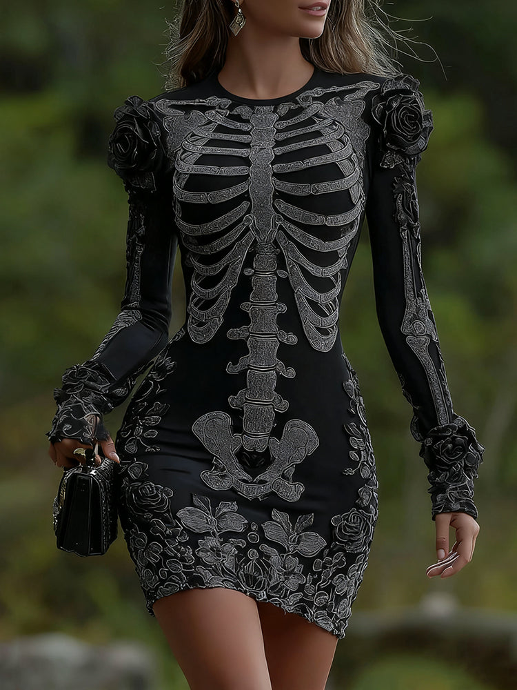 Women's Halloween Skeleton Bones With Black Rose Art Cozy Knit Mini Sweater Dress