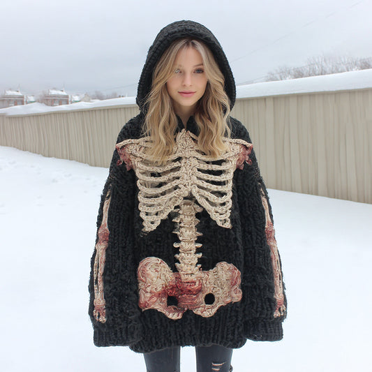 Women's Retro Skeleton Floral Art Knit Hooded Sweater