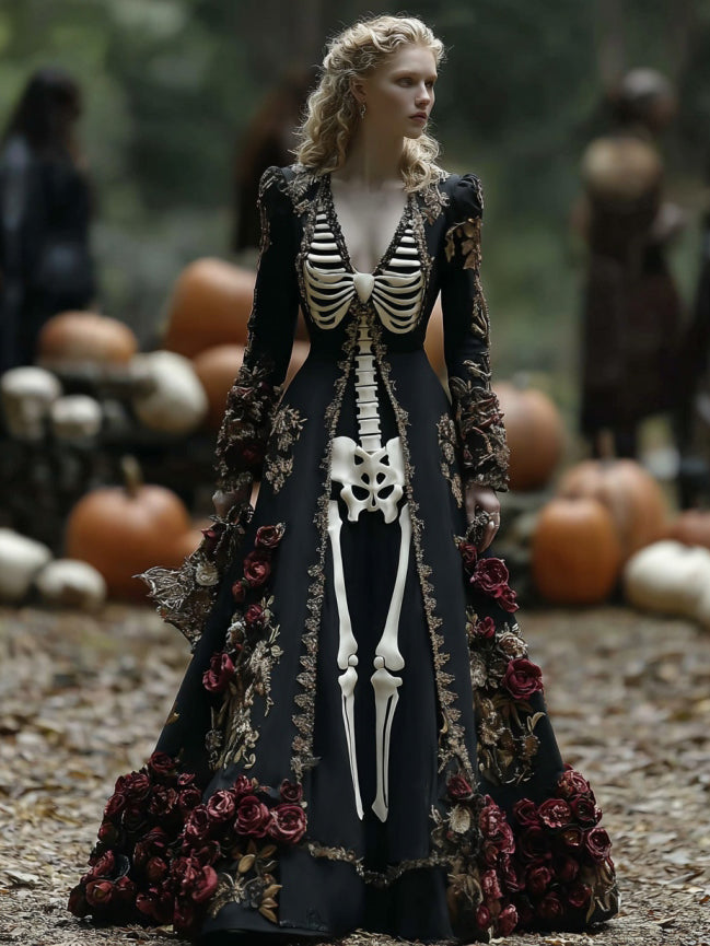 Women's Halloween Skull Rose Comfortable Elegant Velvet Maxi Dress