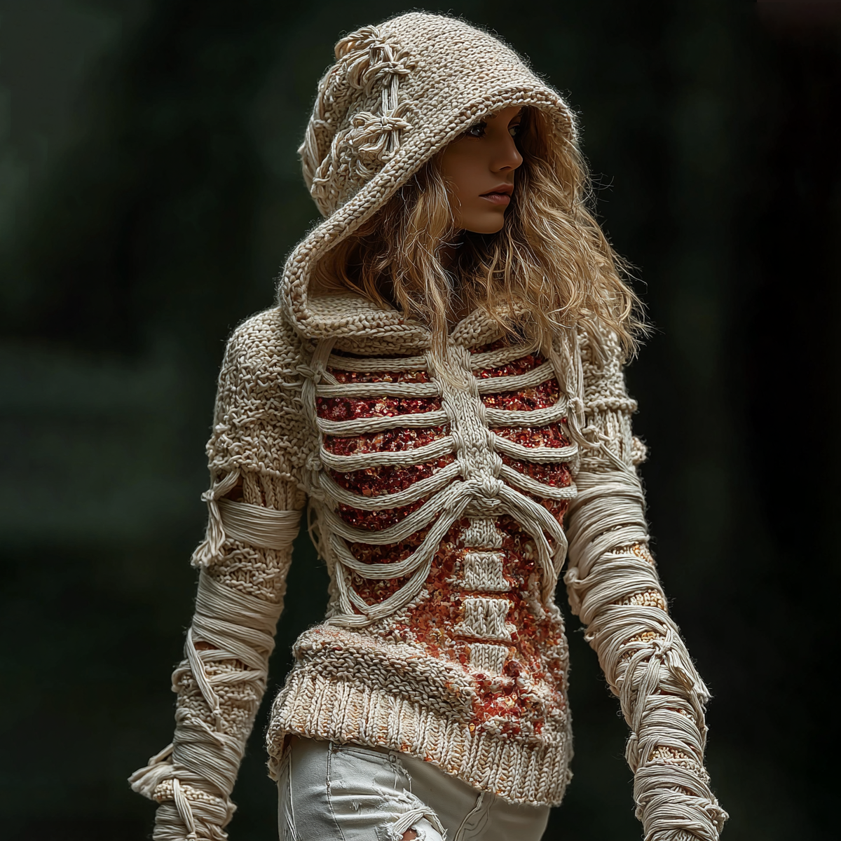 Halloween Skeleton Bandages Art Women's Knit Hooded Sweater