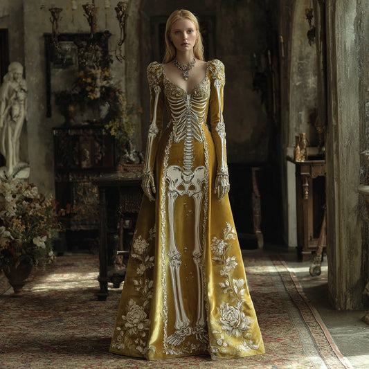 Women's Halloween Dark Gothic Rose Skull Velvet V-neck Maxi Dress