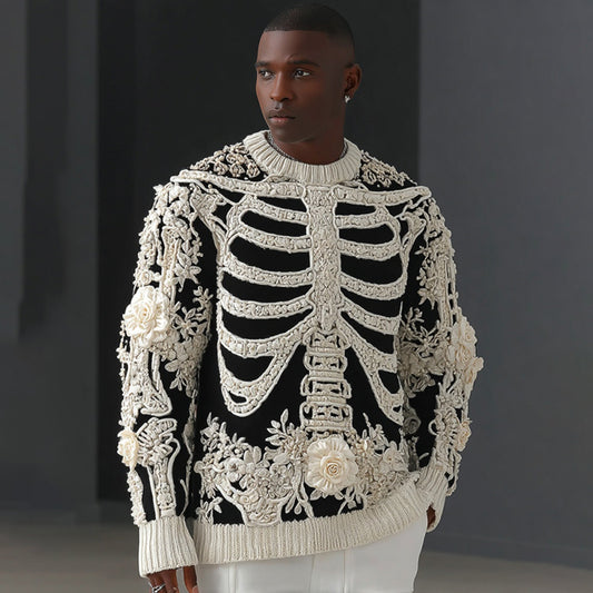 Men's Skull Flower Art Cozy Knit Pullover Sweater