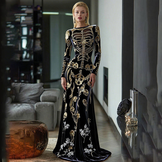 Women's Vintage Skeleton Bones In Gold Art Velvet Maxi Dress