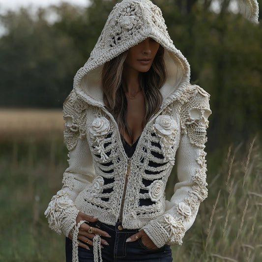 Women's Halloween Skeleton Bones With Roses And Skull Art Knitted Warm Zipped Hooded Sweater