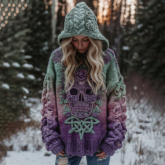 Women's Viking Tribal Jacquard Celtic With Rose And Skull Inspired Chunky Knit Hooded Sweater