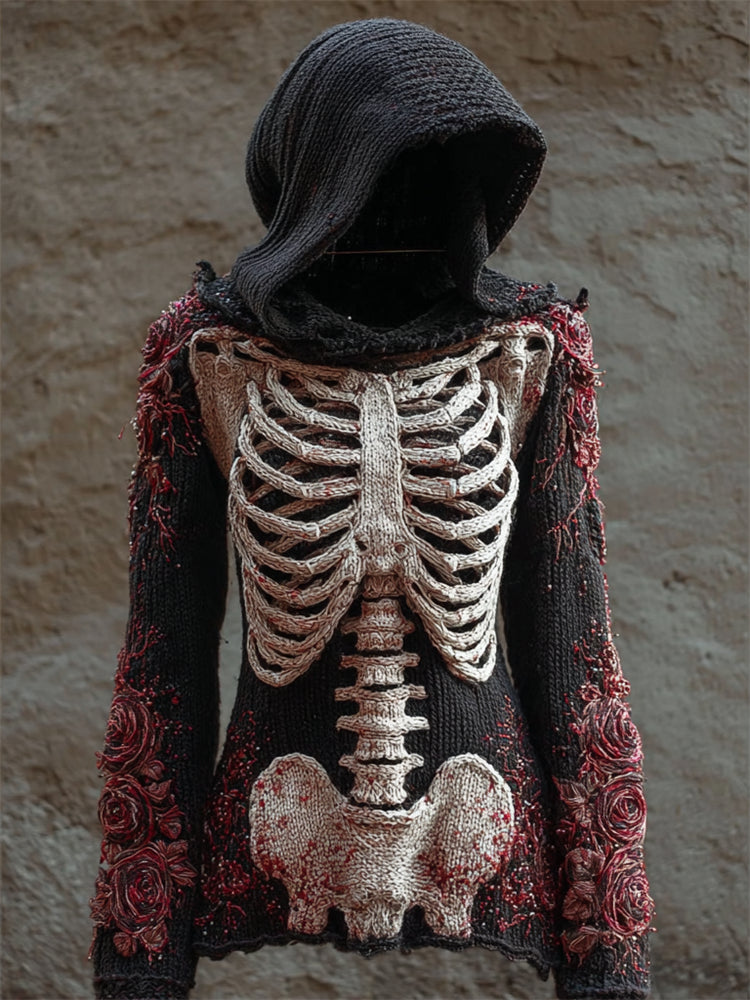Vintage Bloody Roses Skeleton Crochet Cozy Knit Hooded Sweater