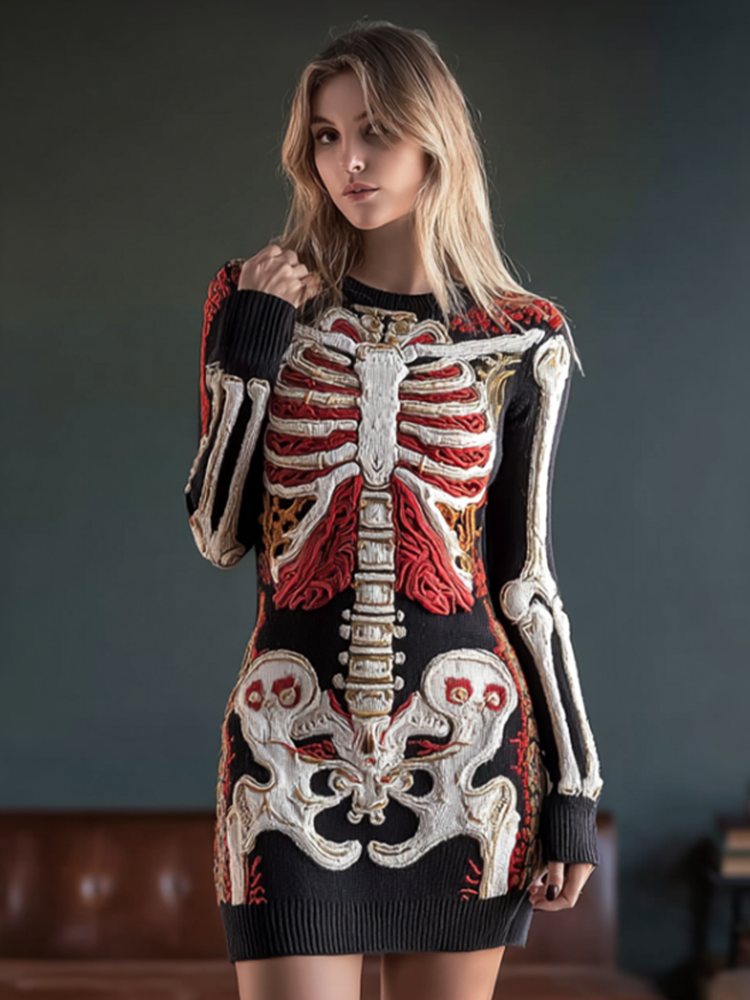 Halloween Human Anatomy Pattern Design Women's Round Neck Knit Sweater Dress