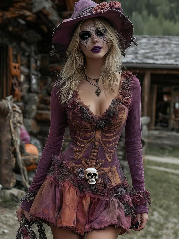 Women's Halloween Rose Skeleton Witch Cosplay Midi Dress