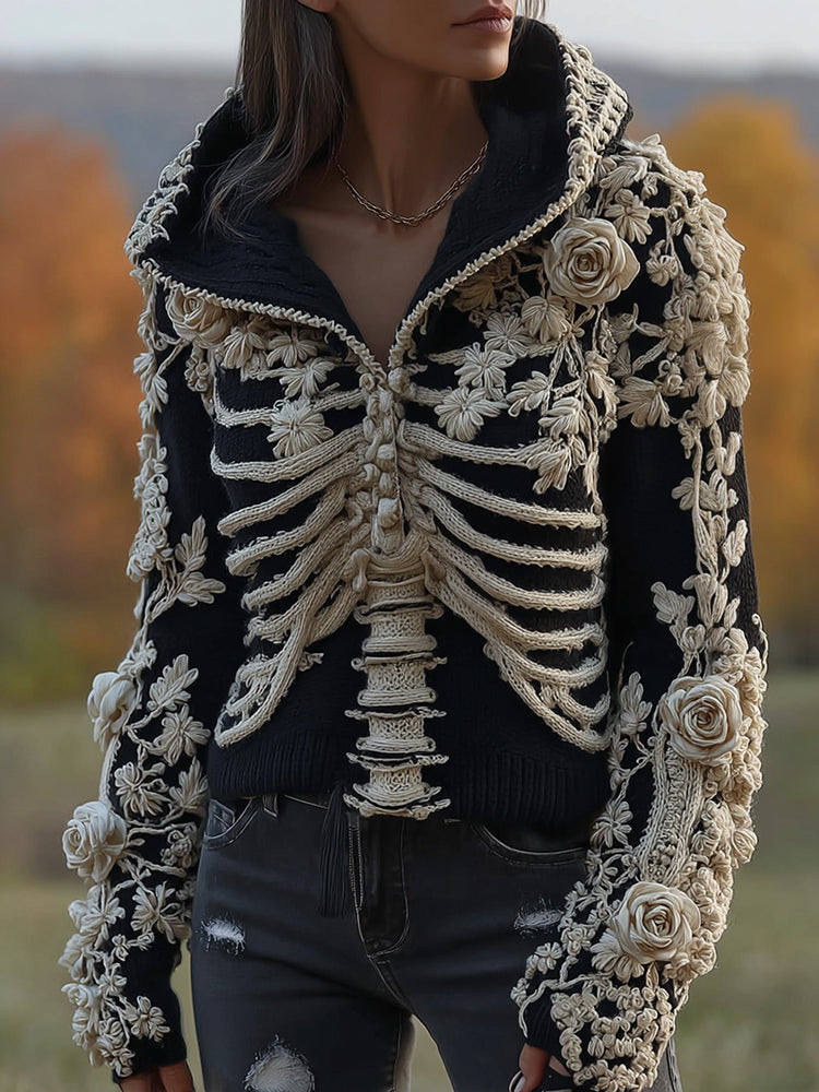 Women's Halloween Skeleton Bones With Floral Art Knitted Warm Hooded Sweater