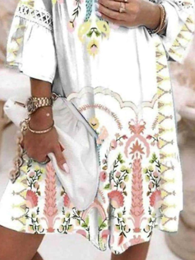 V-Neck Printed Lace Panel Bohemian Dress