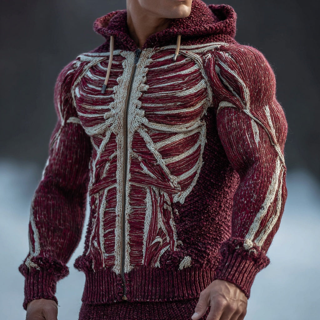 Men's Vintage Anatomy Art Chunky Hooded Zip-up Sweater