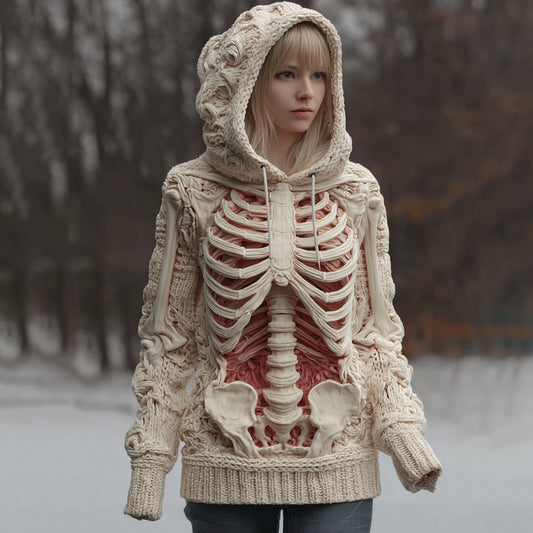 Women's Vintage Skeleton Color Block Art Cozy Hooded Sweater