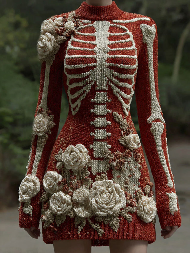 Women's Vintage Skeleton And White Rose Art Cozy Sweater Dress
